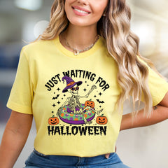 "JUST WAITING FOR HALLOWEEN" Spooky Skeleton Graphic Tee, a Funny Holiday Pick for Spooky Season Lovers