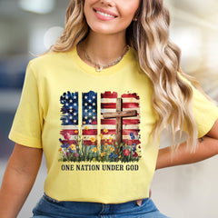 "ONE NATION UNDER GOD" Patriotic Floral Graphic Tee, A Faith-Inspired Statement for Believers