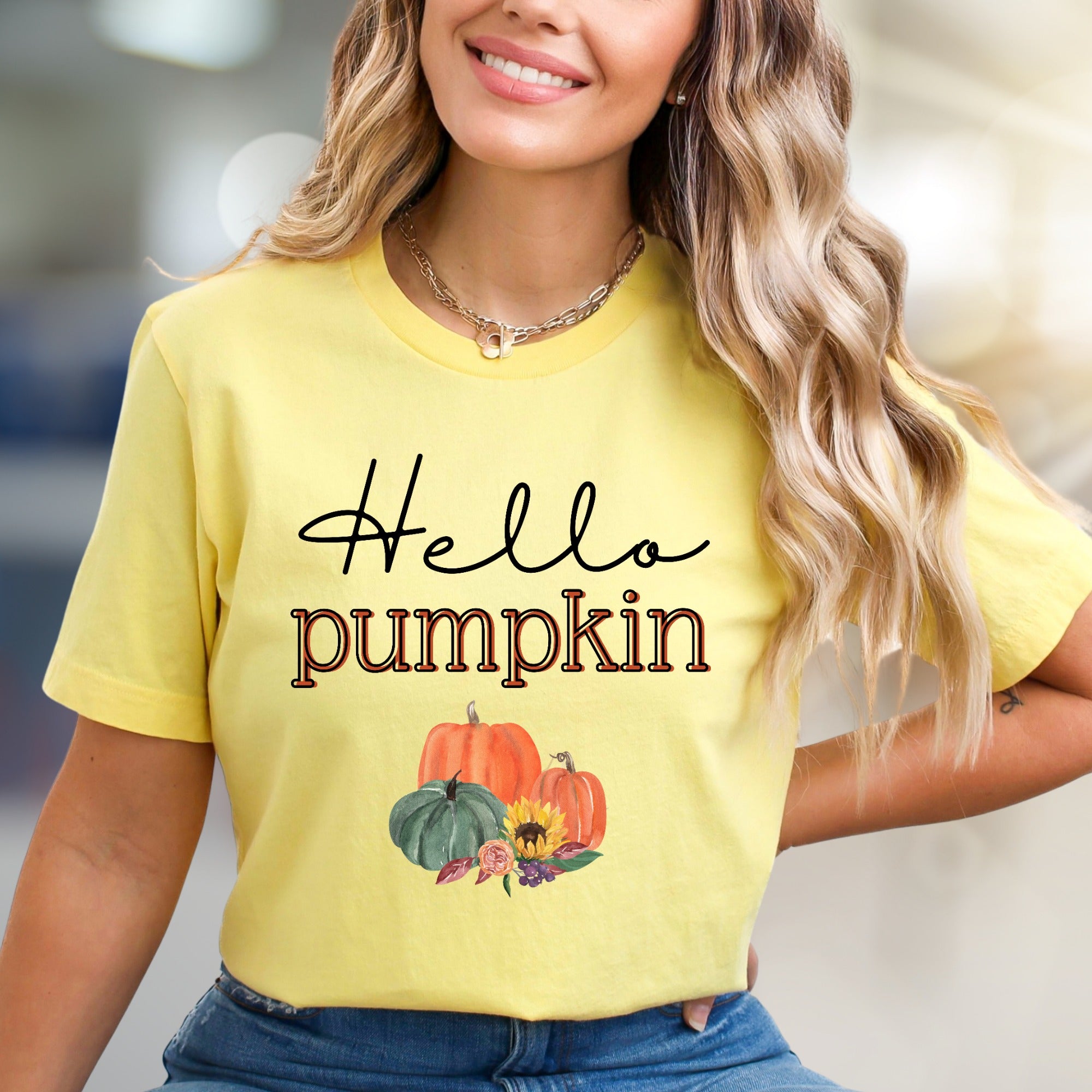"Hello Pumpkin" Autumn Harvest Graphic Tee, a Cozy Fall Pick for Everyone