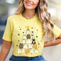Charming Cat Christmas Tree Graphic Tee, A Cozy Holiday Pick for Pet Lovers