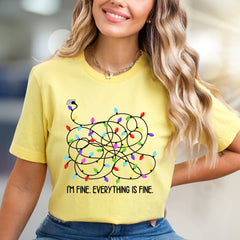 "I'm Fine. Everything Is Fine." Tangled Lights Graphic Tee, a Humorous Holiday Pick for Everyone