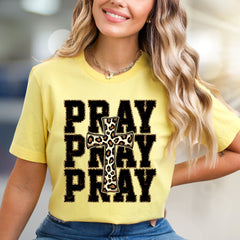 "PRAY" Leopard Print Cross Graphic Tee, a Faith-Inspired Western Pick for Her