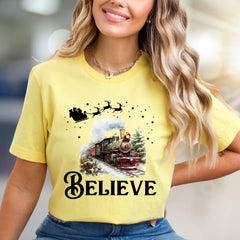 "BELIEVE" Christmas Train Graphic Tee, a Winter Wonderland Pick for Holiday Enthusiasts