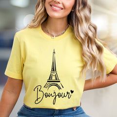 "Bonjour" Eiffel Tower Graphic Tee, a Parisian Chic Pick for Travelers