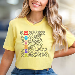 "Amazing Loving Strong Happy Selfless Graceful" Motherhood Graphic Tee, a Heartfelt Pick for Moms