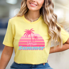 "Hello Summer" Tropical Sunset Graphic Tee, a Vacation Vibes Pick for Beach Lovers