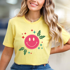 Happy Holly Jolly Smile Face Graphic Tee, a Festive Comfort Pick for Joyful Spirits