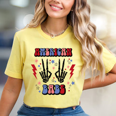 "AMERICAN BABE" Retro Patriotic Skeleton Tee, a Groovy Pick for Free Spirits