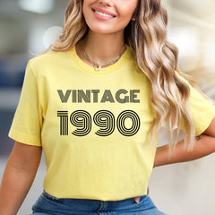"VINTAGE 1990" Retro Stripe Graphic Tee, a Nostalgic Pick for Birthday Celebrations
