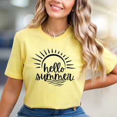 "hello summer" Sun & Wave Graphic Tee, a Vacation Style Pick for Beach Lovers