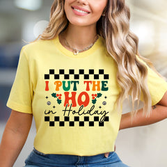 "I Put The HO In Holiday" Retro Checkered Graphic Tee, a Festive Niche for Holiday Enthusiasts