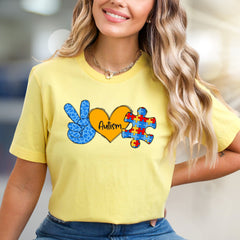 “Autism” Peace, Love & Puzzle Graphic Tee, a Supportive Awareness Pick for Advocates