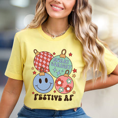 "Festive AF" Retro Holiday Ornaments Tee, a Groovy Christmas Pick for Everyone