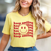 "keep smiling" Retro Smiley Face Graphic Tee, a Positive Vibe Pick for Everyone