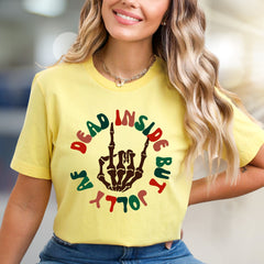 "Dead Inside But Jolly AF" Christmas Skeleton Graphic Tee, a Witty Holiday Pick for Festive Souls