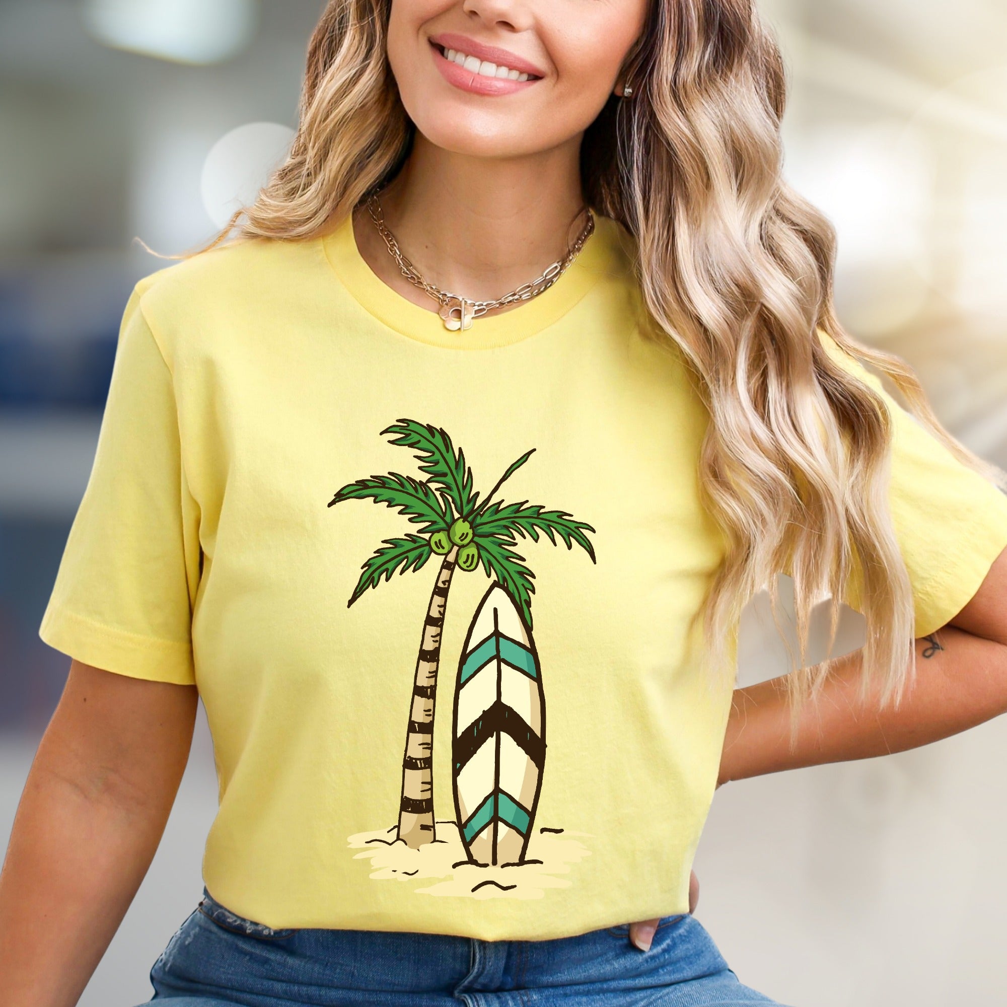 Palm Tree Surfboard Island Zen Graphic Tee, A Tropical Escape for Beach Lovers
