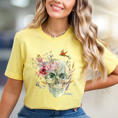 Floral Skull Watercolor Graphic Tee, a Nature-Inspired Pick for Art Lovers