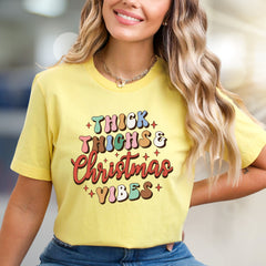 "Thick Thighs & Christmas Vibes" Retro Graphic Tee, a Festive Niche for Holiday Enthusiasts