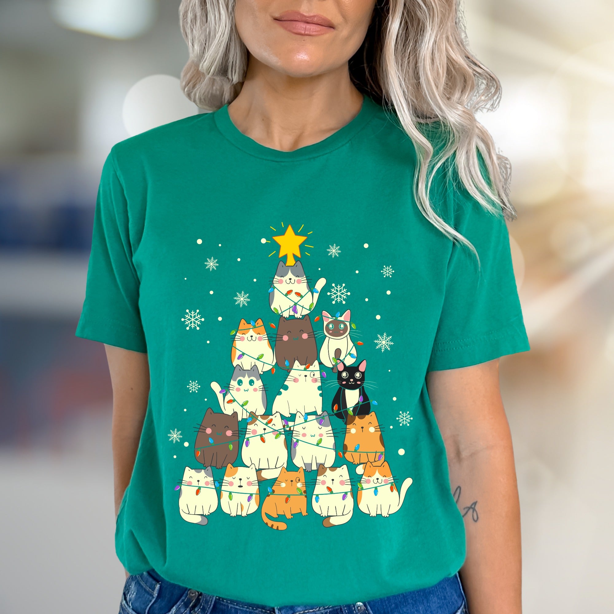 Charming Cat Christmas Tree Graphic Tee, A Cozy Holiday Pick for Pet Lovers