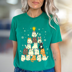 Charming Cat Christmas Tree Graphic Tee, A Cozy Holiday Pick for Pet Lovers