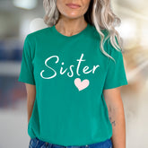 "Sister" Heart Script Graphic Tee, a Loving Pick for Family Bonds