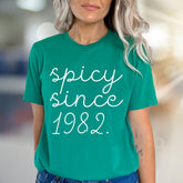 "Spicy Since 1982" Retro Birthday Graphic Tee, a Bold Statement for Her