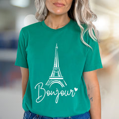 "Bonjour" Eiffel Tower Graphic Tee, a Chic French Travel Pick for Romantics