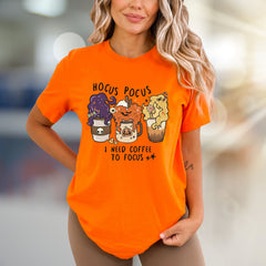 "Hocus Pocus I Need Coffee to Focus" Halloween Coffee Graphic Tee, a Spooky Funny Pick for Caffeine Lovers