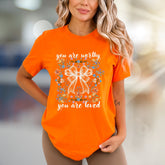 "You Are Worthy, You Are Loved" Floral Bow Graphic Tee, a Self-Love Pick for Women