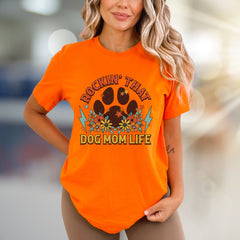 "Rockin' That Dog Mom Life" Retro Dog Mama Graphic Tee, a Paw Print Style Pick for Pet Owners