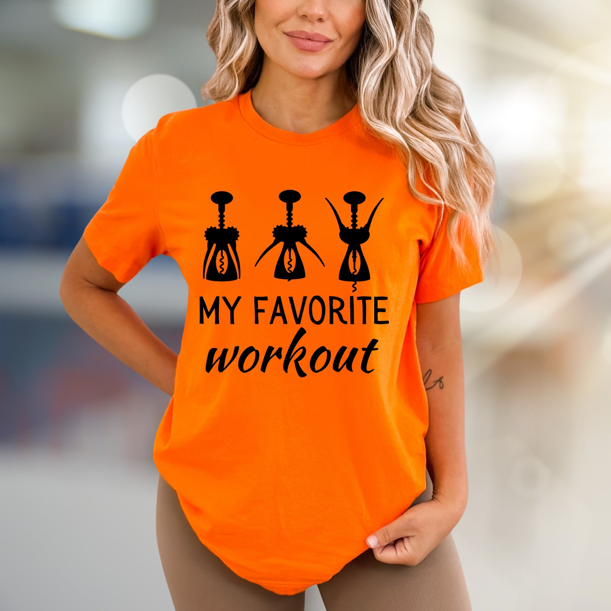 "My Favorite Workout" Wine Corkscrew Graphic Tee, a Witty Pick for Wine Lovers