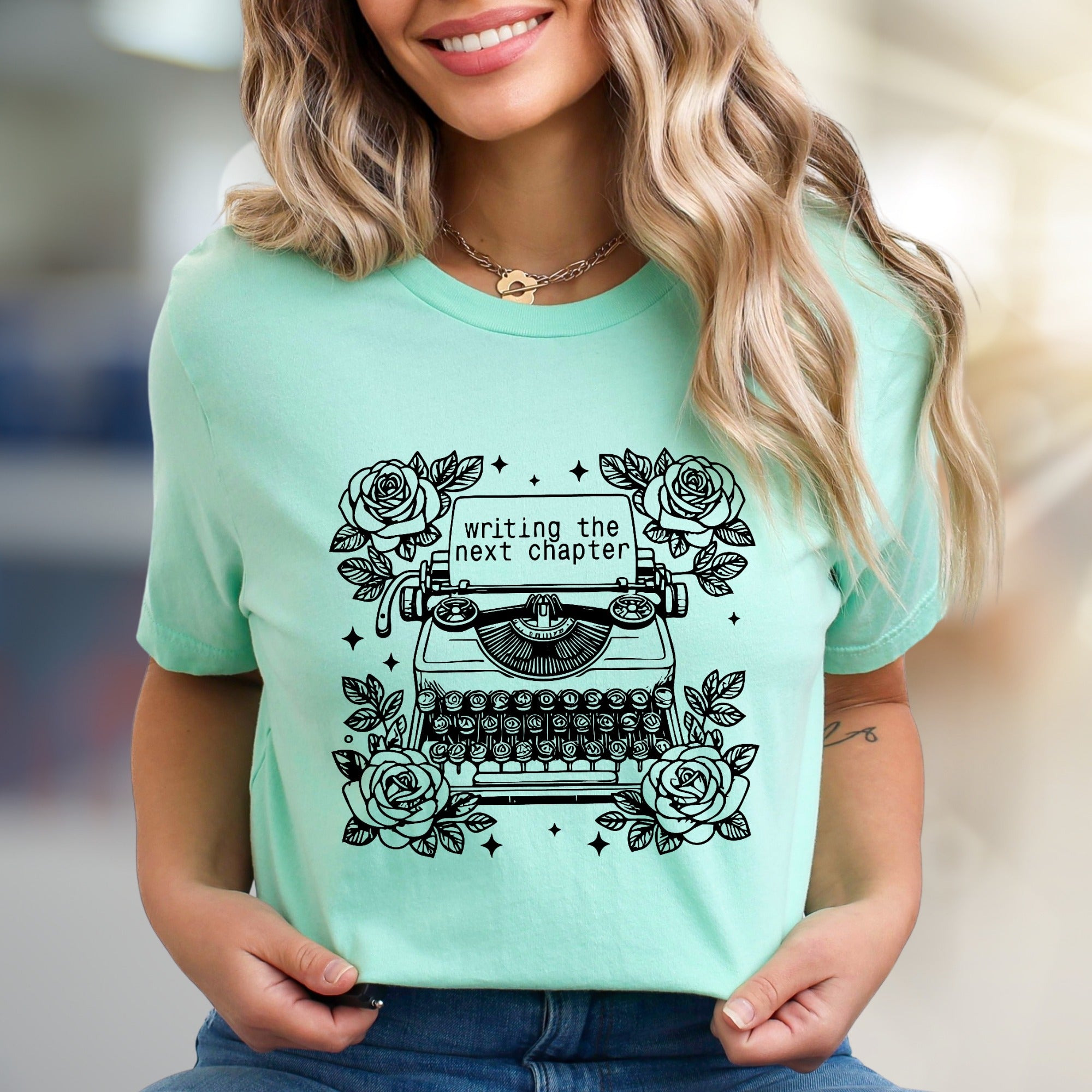 "Writing The Next Chapter" Typewriter Graphic Tee, a Creative Literary Pick for Authors