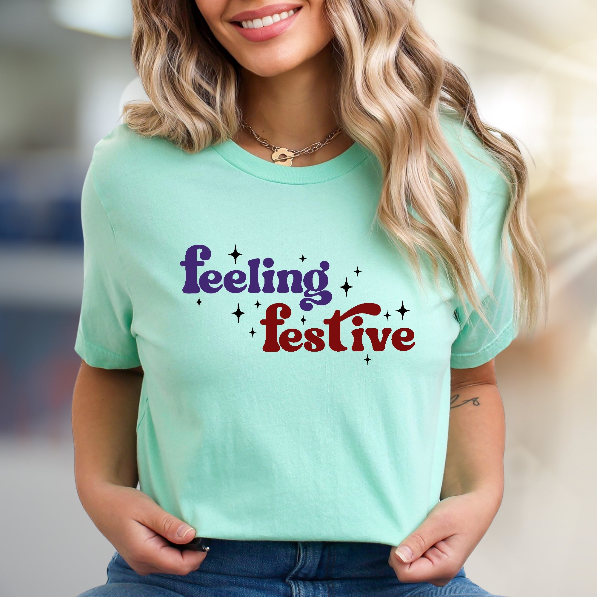 "Feeling Festive" Groovy Graphic Tee, a Holiday Vibe Pick for Celebration Enthusiasts