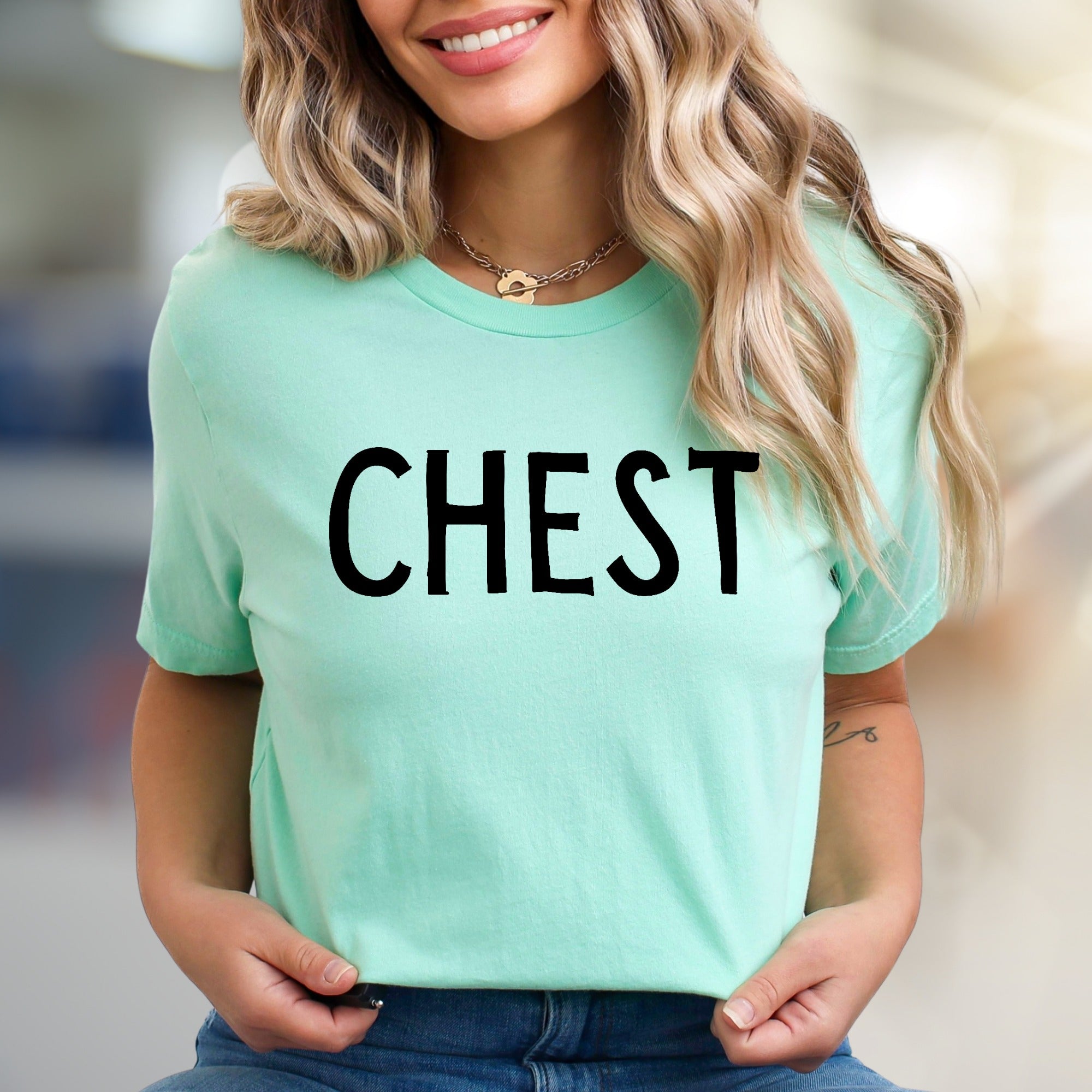 “CHEST” Funny Sarcastic Graphic Tee, A Humorous Pick for Gym Enthusiasts
