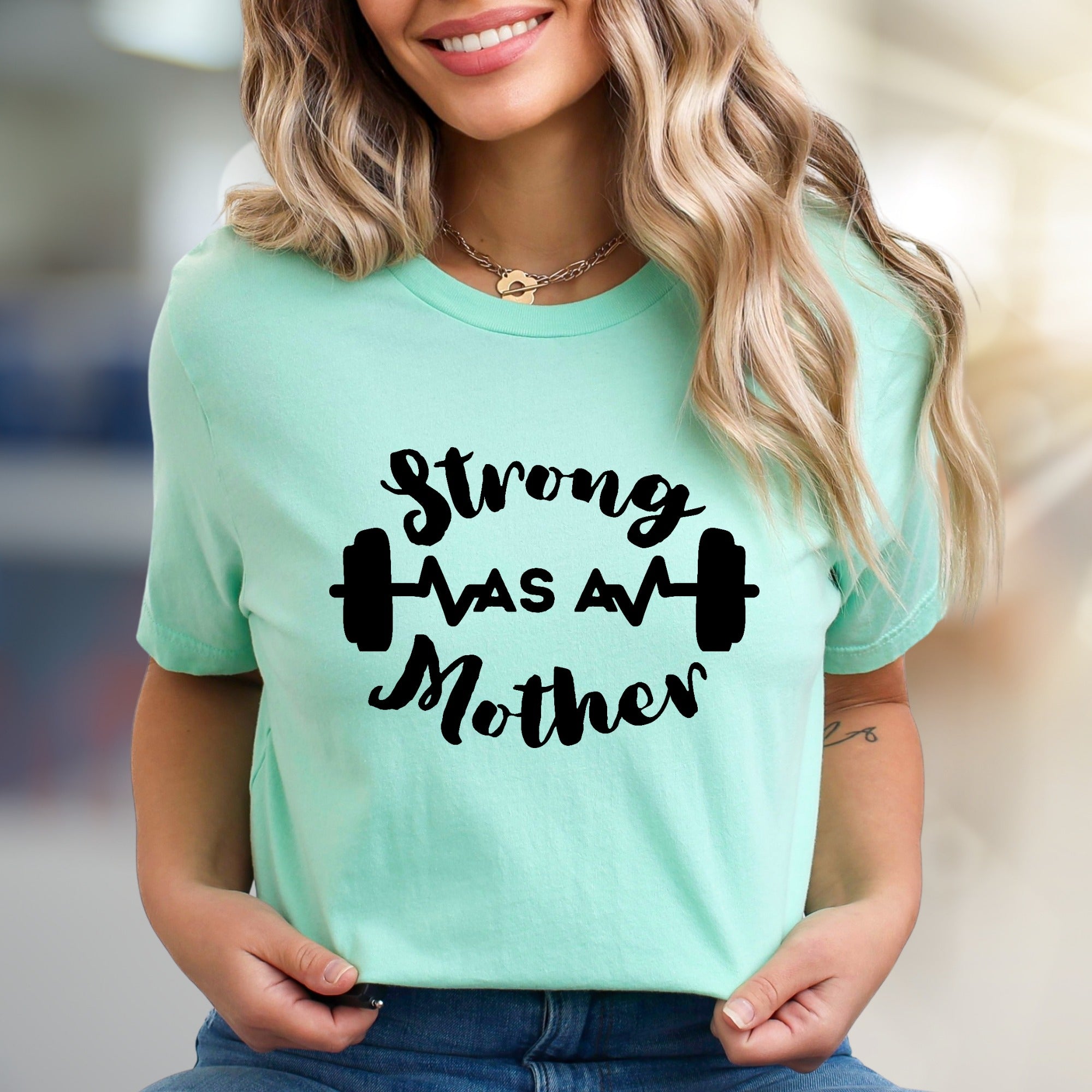 "Strong As A Mother" Fitness Graphic Tee, A Empowering Pick for Moms