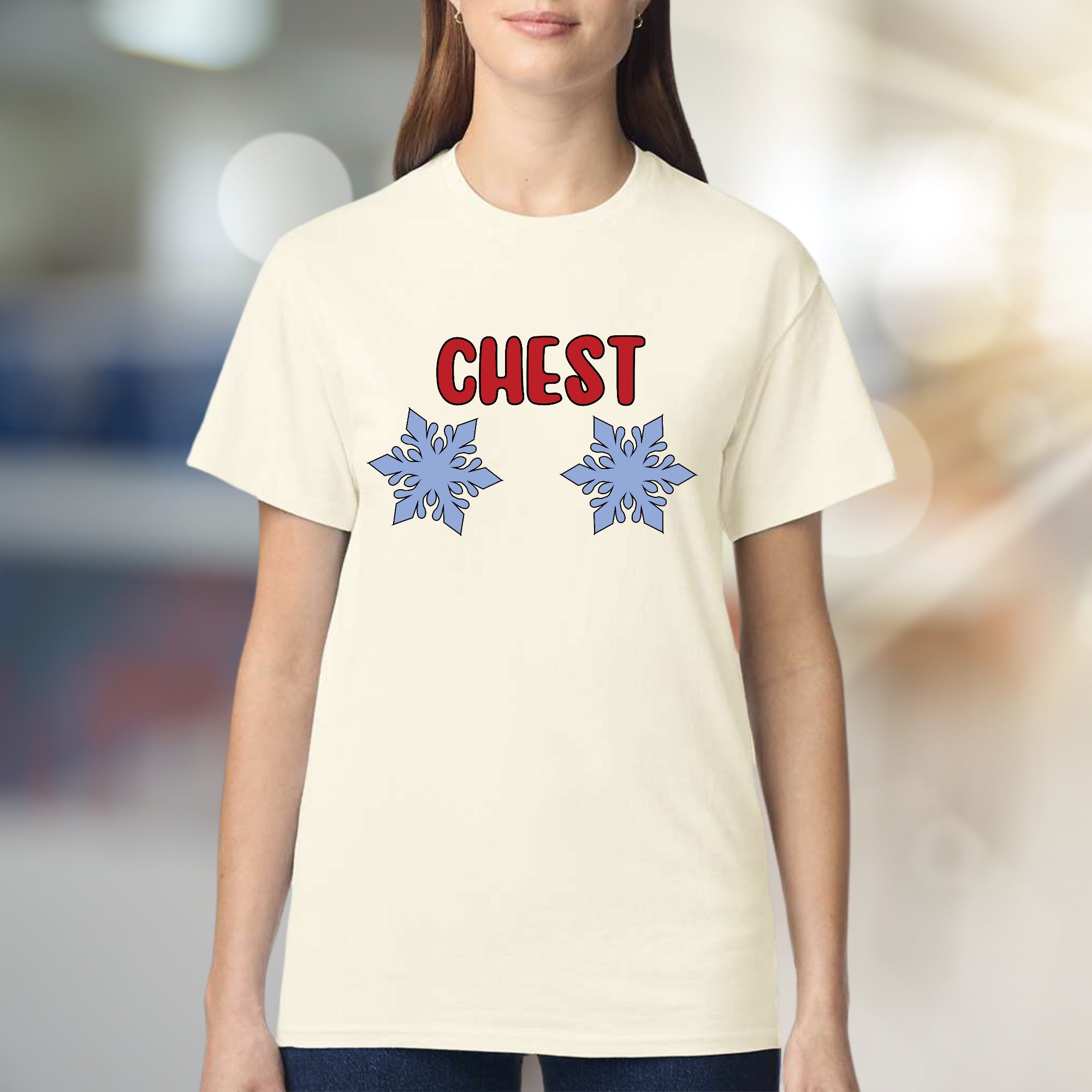 "CHEST" Snowflake Humor Graphic Tee, a Witty Winter Pick for Fun Lovers