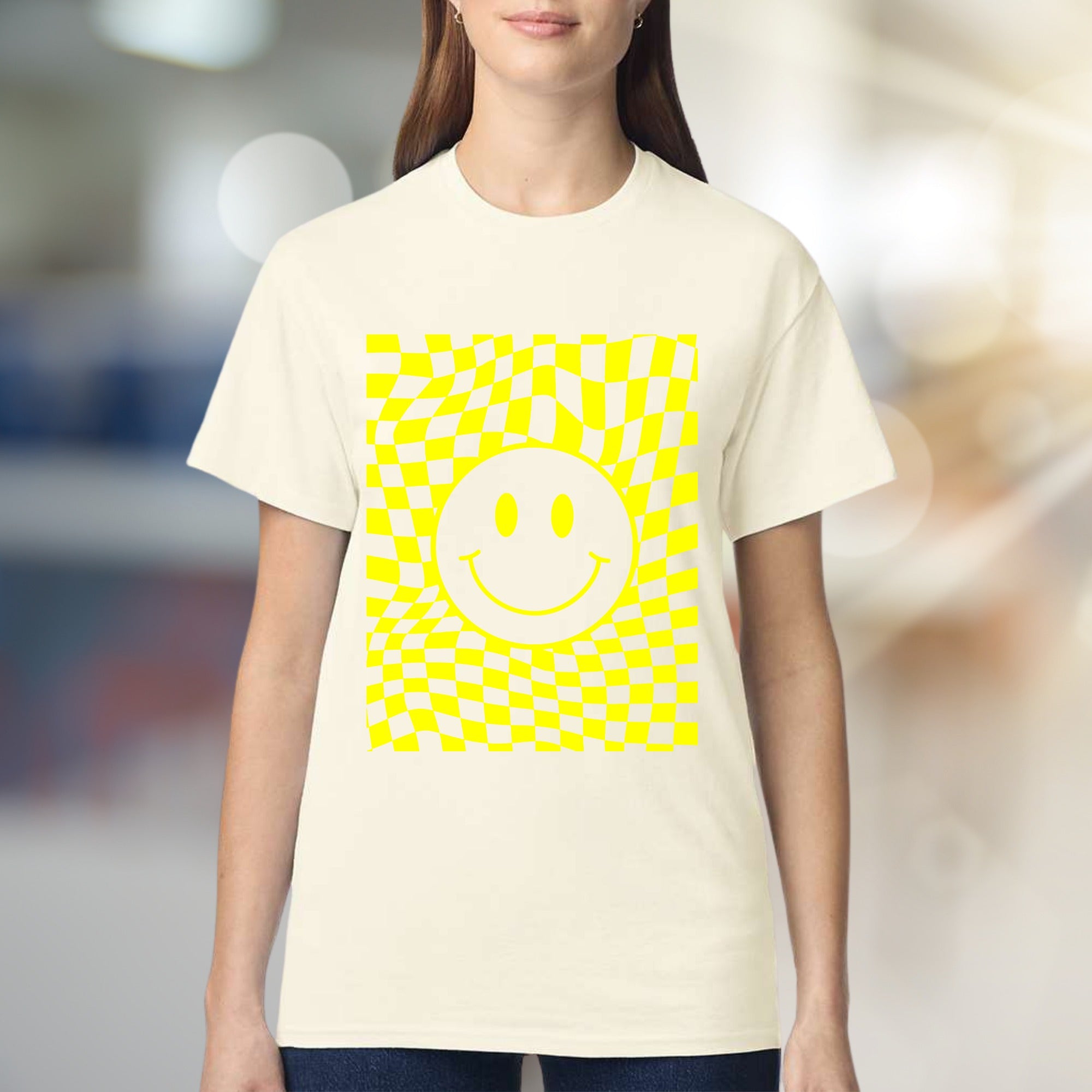 Warped Checkerboard Smiley Graphic Tee, A Retro-Inspired Pick for Free Spirits