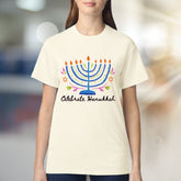 "Celebrate Hanukkah" Vibrant Menorah Graphic Tee, a Festive Holiday Pick for Enthusiasts