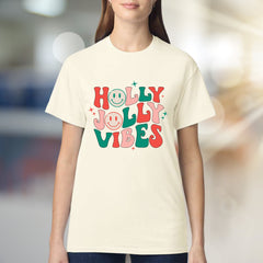 "Holly Jolly Vibes" Retro Christmas Graphic Tee, a Festive Pick for Holiday Enthusiasts