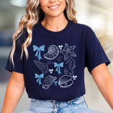 Oceanic Bows & Seashells Graphic Tee, a Whimsical Coastal Pick for Beach Lovers