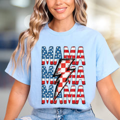 "MAMA" American Flag Lightning Bolt Graphic Tee, a Patriotic Pick for Proud Moms