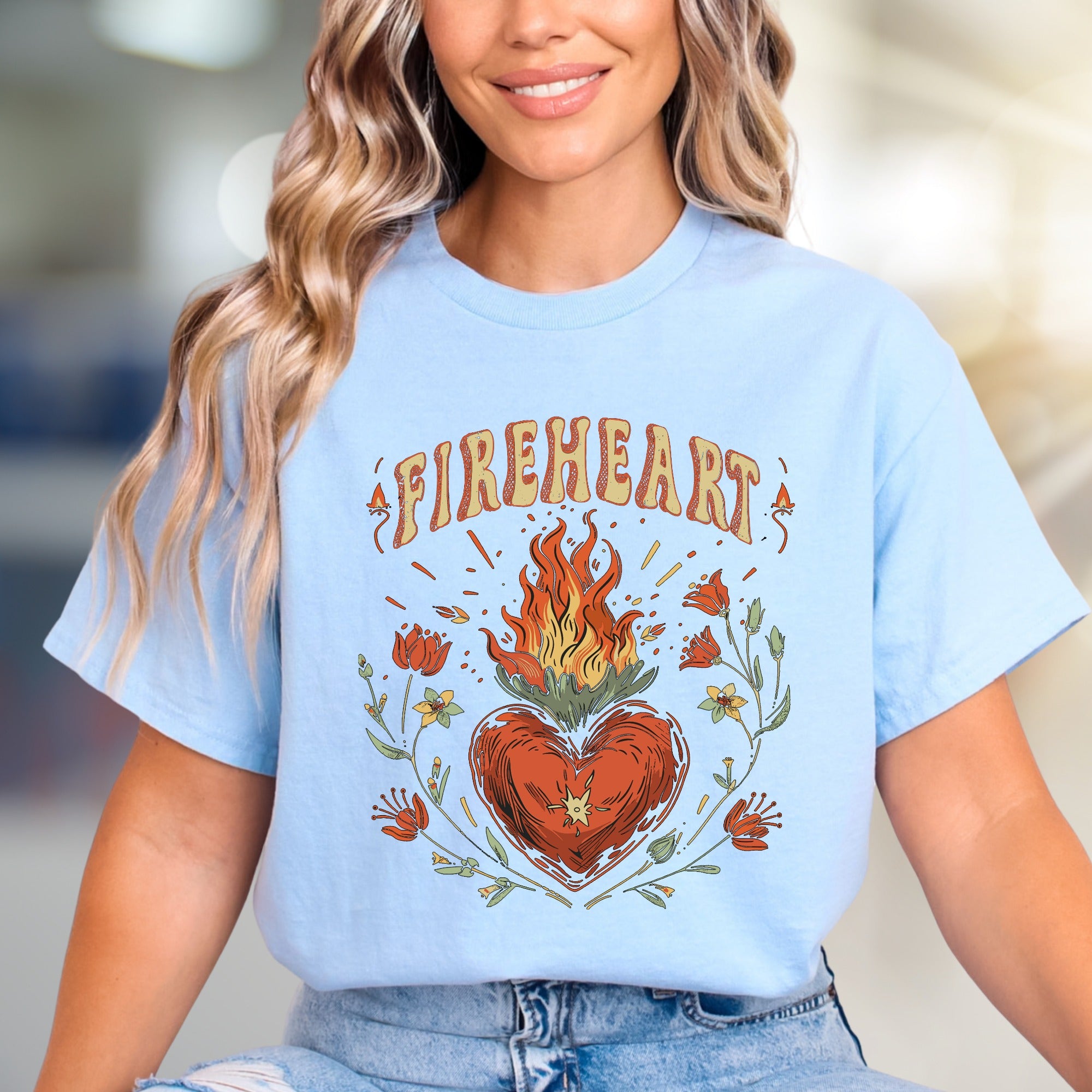"FIREHEART" Mystical Bloom Graphic Tee, a Boho Chic Pick for Free Spirits