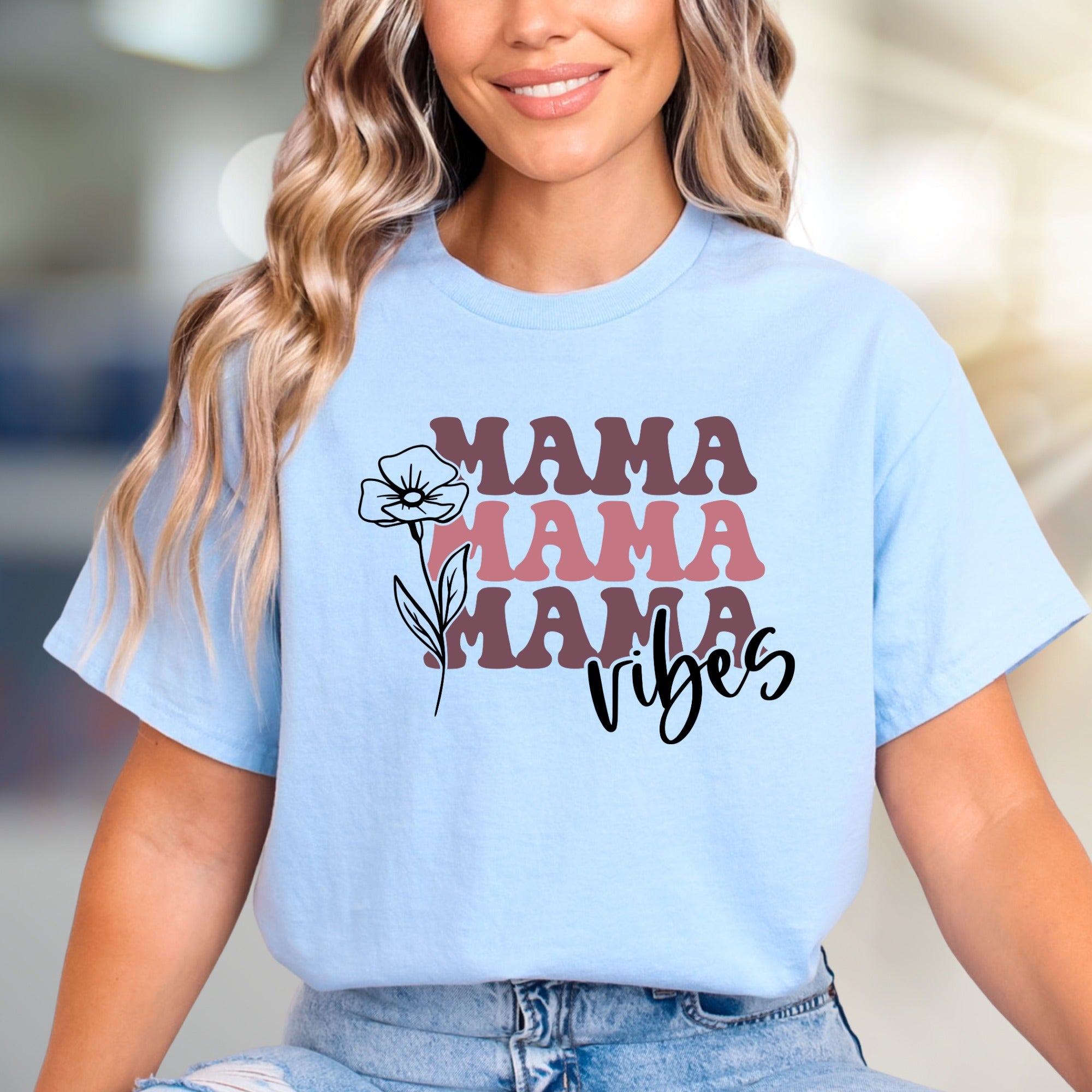 "Mama Mama Mama Vibes" Floral Graphic Tee, a Boho Chic Pick for Trendy Moms