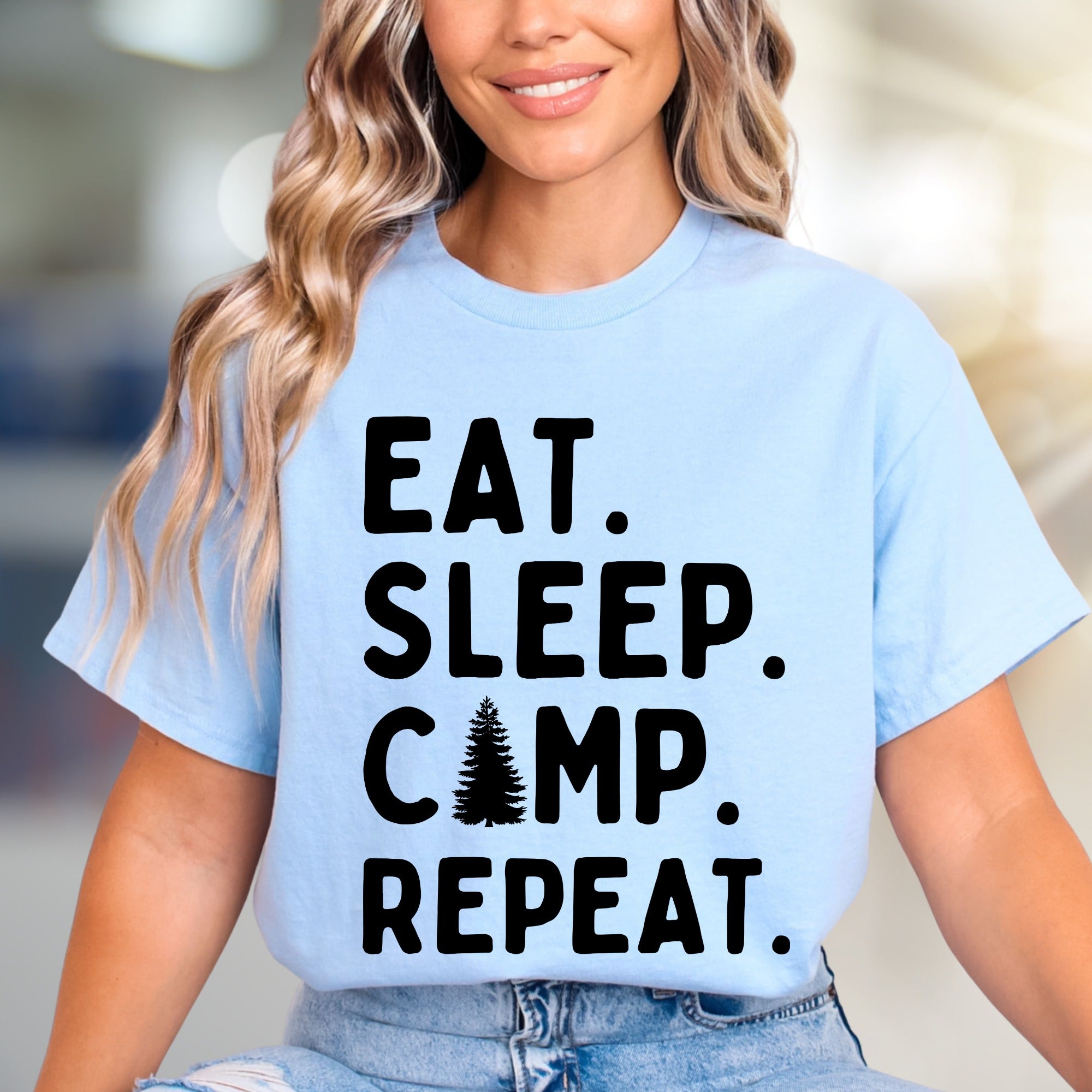 "Eat Sleep Camp Repeat" Outdoors Graphic Tee, a Nature Lover's Pick for Adventurers
