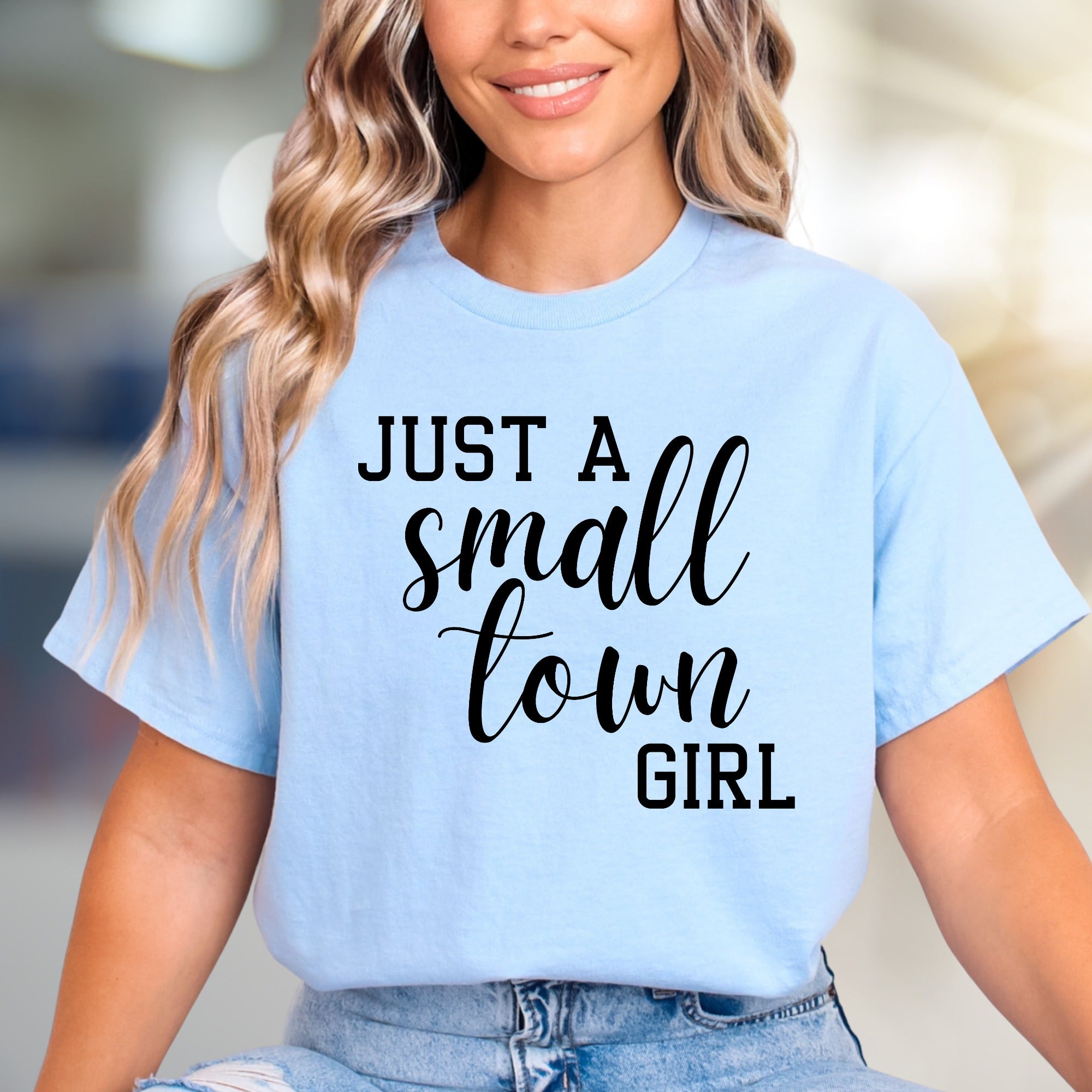 "JUST A SMALL TOWN GIRL" Script Graphic Tee, a Nostalgic Pick for Her