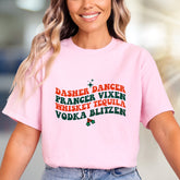 "Dasher Dancer Vixen Whiskey Tequila Vodka Blitzen" Festive Graphic Tee, a Holiday Humor Pick for Party-Goers