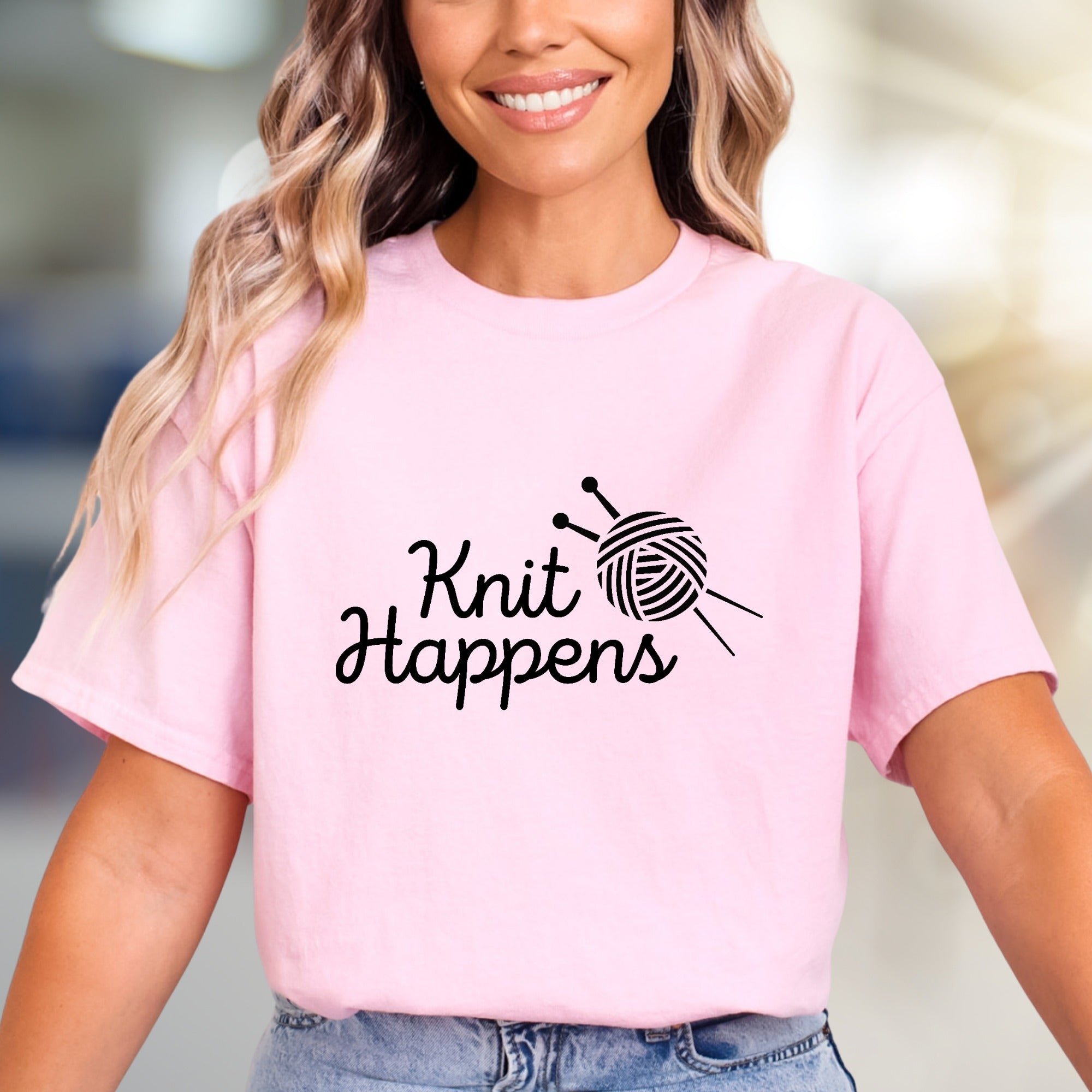 "Knit Happens" Knitting Pun Graphic Tee, A Crafty Pick for Humor Lovers