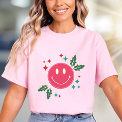 Happy Holly Jolly Smile Face Graphic Tee, a Festive Comfort Pick for Joyful Spirits