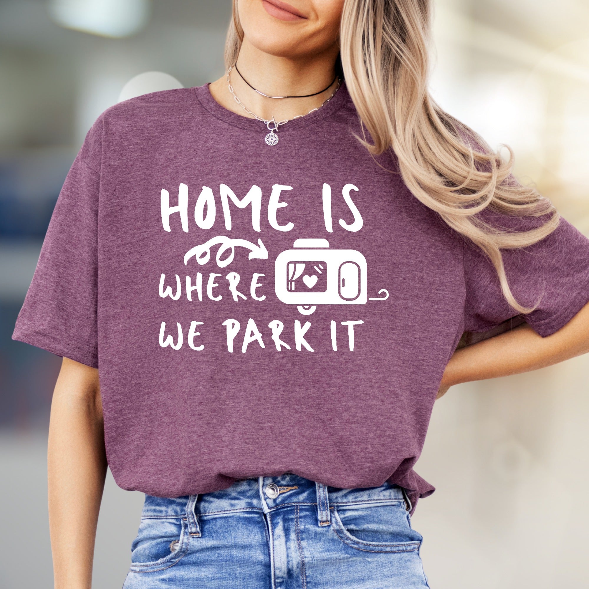 "HOME IS WHERE WE PARK IT" Camper Graphic Tee, A Laid-Back Travel Shirt for RV Lovers