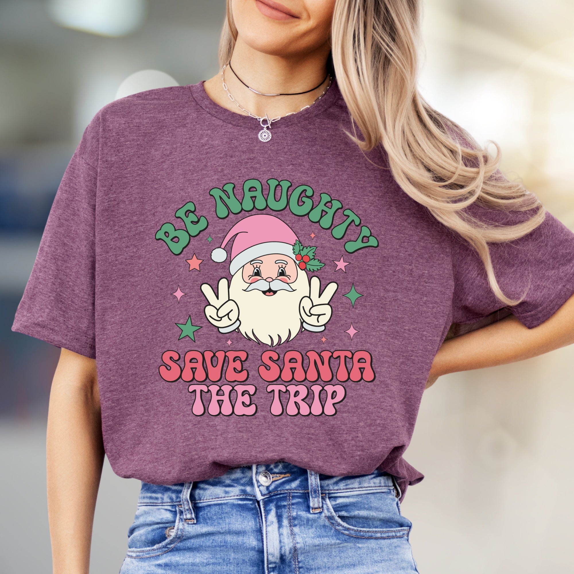 "Be Naughty Save Santa The Trip" Groovy Santa Graphic Tee, a Funny Christmas Pick for Holiday Lovers